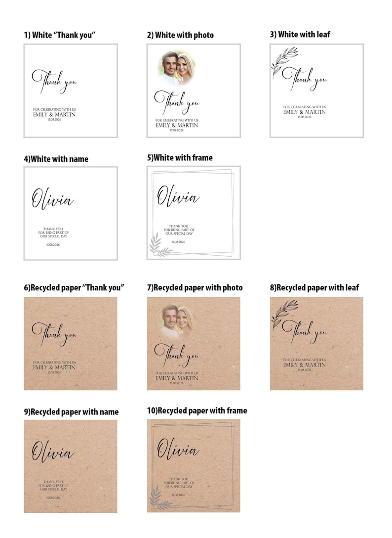 May include: Collection of wedding thank you cards. Designs include white and recycled paper options with text, photos, and leaf or frame embellishments. Text includes "Thank you" and names.