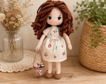 Handmade Crochet Amigurumi Doll with Floral Dress