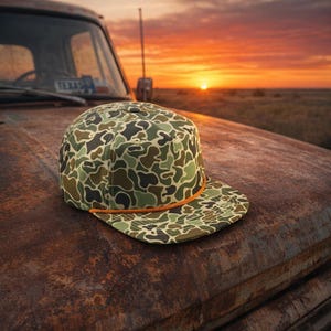 May include: A camouflage print baseball cap with a flat peak and orange rope detail. The hat sits on the rusty bonnet of an old truck, with a sunset in the background.