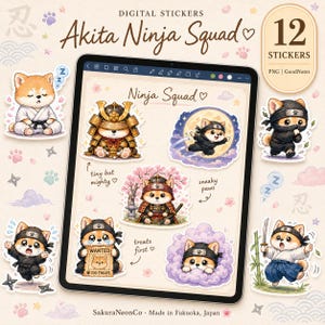 Chibi Akita Ninja Samurai Aufkleber, Kawaii Hund Kriegerin Kunst (digitaler Download)