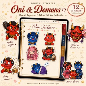 Puede incluir: Una colección de pegatinas digitales con 12 ilustraciones de Oni y demonios. El conjunto incluye personajes rojos y azules, una máscara Hannya y varias escenas como dormir, beber y lanzar frijoles, mostradas en una pantalla de tableta.
