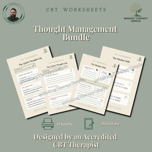 Puede incluir: Un paquete de hojas de trabajo de TCC para la gestión del pensamiento con páginas imprimibles y digitales. Los documentos The Quick Thought Log y The Mindset Shift incluyen secciones para pensamientos, sentimientos y reformulación. Texto: Making Therapy Simple.