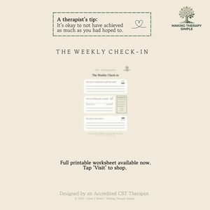 May include: A beige digital worksheet titled The Weekly Check-In featuring a therapist's tip stating, It's okay to not have achieved as much as you had hoped to. The document includes blank lines for writing, a tree logo, and the text Making Therapy Simple.