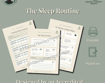 May include: Three beige CBT worksheets titled The Sleep Routine, Tracking Sleep Patterns, and 10 Tips for a Better Sleep. The pages feature dark green text, icons, and lines for writing. A small circular portrait of a man is in the top left corner.
