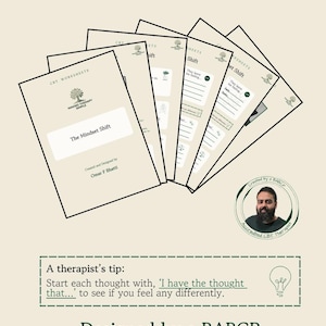 Può includere: Un gruppo di fogli di lavoro CBT intitolati "The Mindset Shift" su sfondo verde chiaro. Progettati da un terapista CBT accreditato, includono un consiglio del terapista per cambiare i pensieri. L'immagine include anche il testo "Full printable worksheets available now".