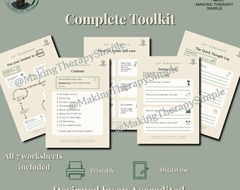 May include: A collection of CBT worksheets titled Complete Toolkit, featuring pages like Put your Anxiety in a Box, Contents, Ideas for Better Self-care, Setting Goals, and The Quick Thought Log. The set includes seven printable and digital pages.