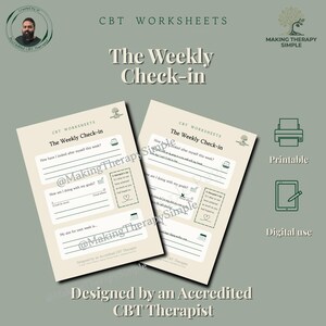 May include: Two beige CBT worksheets titled The Weekly Check-in, featuring sections for self-care, goal tracking, and future aims. Each sheet includes a therapist's tip box, small icons, and lines for writing. The design is clean with dark green text.