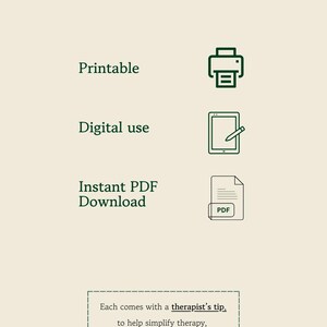 May include: A digital document titled CBT WORKSHEETS featuring a tree logo and the text MAKING THERAPY SIMPLE. It lists features including Printable, Digital use, and Instant PDF Download with icons. It includes a therapist's tip note and copyright text.