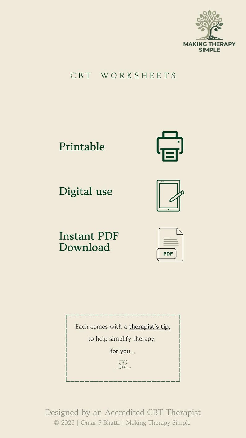 May include: A digital document titled CBT WORKSHEETS featuring a tree logo and the text MAKING THERAPY SIMPLE. It lists features including Printable, Digital use, and Instant PDF Download with icons. It includes a therapist's tip note and copyright text.