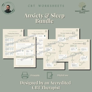 Puede incluir: Una colección de hojas de trabajo de TCC titulada Anxiety & Sleep Bundle, que incluye páginas para el seguimiento de patrones de sueño, rutinas y gestión de la ansiedad. Los documentos contienen diagramas de flujo y campos de texto.