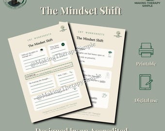May include: Two beige CBT worksheets titled The Mindset Shift with dark green text and icons. The pages feature sections for difficult thoughts, re-framing, and feelings. Includes a printer icon for printable use and a tablet icon for digital use.