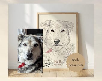 Gepersonaliseerd herdenkingsportret van uw hond — Fijne lijntekening van uw huisdier met botanische elementen | Canvas of poster