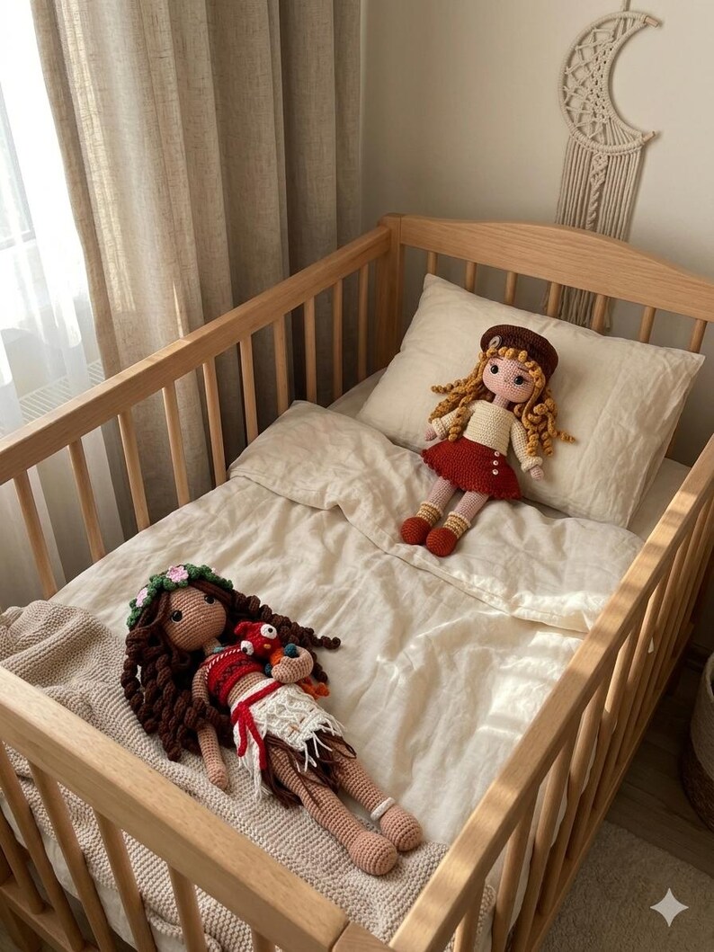 May include: Two handmade crochet dolls rest on a crib. One doll has long brown hair, a floral crown, and a red and white outfit. The other doll has blonde hair, a brown beret, and a red skirt. The crib is made of light-colored wood.