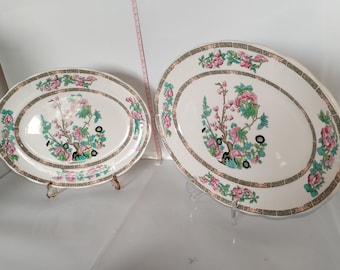 Set di 2 vassoi ovali vintage inglesi Palissy Indian Tree con fiori rosa e oro