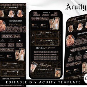 May include: An editable digital booking template for a hair salon featuring a black and gold leopard print design. The layout includes sections for artist profiles, customer reviews, business hours, contact information, and booking policies.