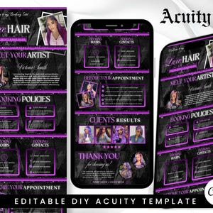 May include: A digital template for a hair salon's booking site, featuring a black and purple design. The template includes sections for booking policies, hours, and contact information, with images of hairstyles and the text "Luxe Hair".