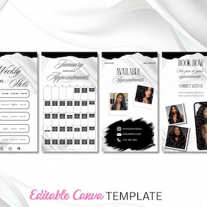 Op de afbeelding: Een set van vier digitale sjablonen met een witte zijden achtergrond en zwarte accenten. De tekst bevat Weekly Time Slots, January Available Appointments en Book Now. Het ontwerp bevat tijdelijke aanduidingen voor foto's en contactgegevens.
