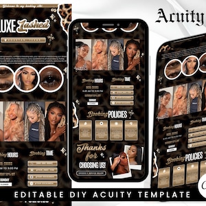 Op de afbeelding: Een bewerkbaar digitaal boekingssjabloon voor Acuity met een donkere luipaardprint achtergrond en gouden accenten. De lay-out bevat secties voor boekingsuren, boekingstijd en boekingsbeleid, naast meerdere fotografische portretten.