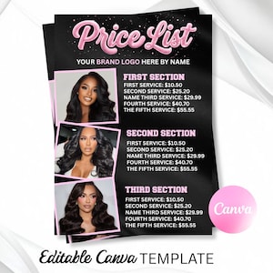 Puede incluir: Plantilla de lista de precios negra con texto rosa y un logotipo de Canva rosa. La lista de precios incluye tres secciones con precios de servicios y fotos de mujeres con cabello largo y ondulado. El texto dice "Price List" y "Editable Canva TEMPLATE."