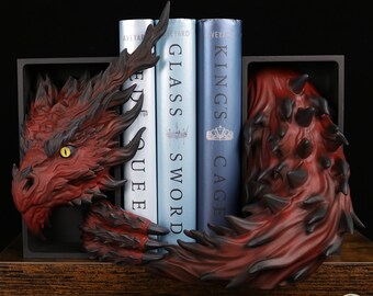 Inferno Dragon Book Nook, Head & Tail, Large, Hand painted fantasy decor for book lovers