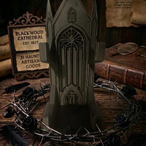 May include: A gray, tower-shaped display stand featuring gothic architectural details, including arched windows and pointed spires. The stand is encircled by a crown of thorns adorned with black roses and scattered black feathers.