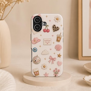 Collage Cherry iPhone Case, Pastel Doodle Bows Daisies Shells (iPhone 17)