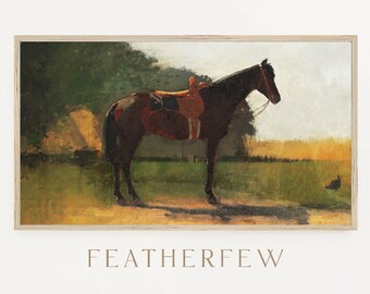 May include: An antique-style framed print of a horse in a field. The horse is dark brown with a saddle and bridle. The background features a green field, trees, and a light sky. The text "FEATHERFEW" is at the bottom.