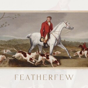 May include: A painting of a man on horseback riding through a field with a pack of hounds. The man is wearing a red coat and white breeches. The horse is white and the hounds are brown and white.