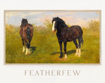 May include: An oil painting depicts two dark brown horses in a grassy field under a blue sky. One horse faces the viewer, the other faces away. The horses have white markings on their legs. The painting is framed in a light-colored wooden frame.