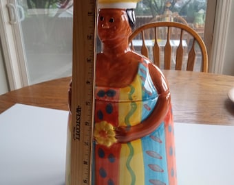 Hand‑Painted Italian Cookie Jar?• Colorful Striped Dress • Nordstrom Ceramic • Folk Art Kitchen Decor
