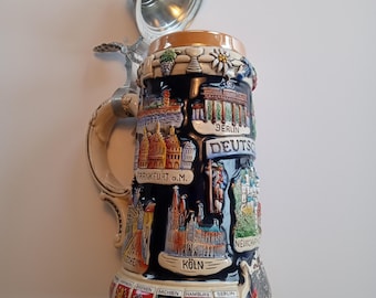 King Werk Hand-Painted Relief Beer Stein – Limited Edition Pewter Lid Germany