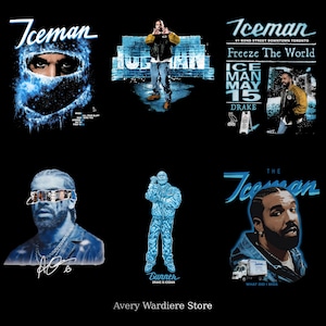 Può includere: Design di maglietta nera con la scritta "Iceman" in un font stilizzato, insieme a varie grafiche di una persona. I disegni includono immagini di una persona con una maschera di ghiaccio blu e una persona in tuta di ghiaccio blu.