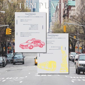 Puede incluir: Dos plantillas de itinerario de viaje gris claro con texto e ilustraciones en negro. Una presenta un gráfico de taxi rojo, mientras que la otra muestra un gráfico de metro y la Estatua de la Libertad en amarillo. El texto dice NYC ITINERARY TEMPLATE.