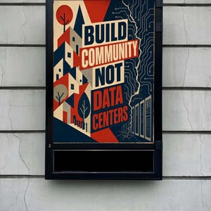May include: A rectangular poster in a black frame featuring a split design. The left side shows stylized houses and trees in red, blue, and cream. The right side depicts server racks and circuit board lines. Text reads: BUILD COMMUNITY NOT DATA CENTERS.