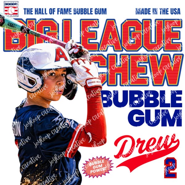 Modello rosso e blu ispirato alla Big League / Design retrò per gomme da masticare da baseball / Download da Canva