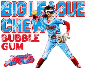 Big League Chew Style Baseball PNG | Blue and Red Retro Softball Design (Digital Download)