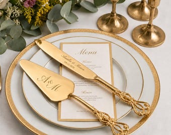 Set personalizzato per il taglio della torta nuziale, coltello e paletta in acciaio inossidabile incisi, oro e argento, stile vintage, ricordo.