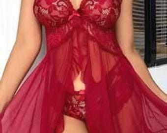 Rood kanten babydoll-lingerieset voor dames | Nachtkleding van doorschijnend mesh | Romantisch cadeau voor nachtkleding