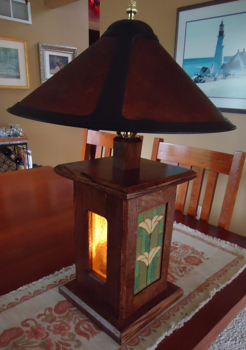 Handmade Mission Style Oak Lamp With Art Tile and Mica Shade Etsy
