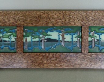 Framed three signed Motawi Tile "Pine Landscape"