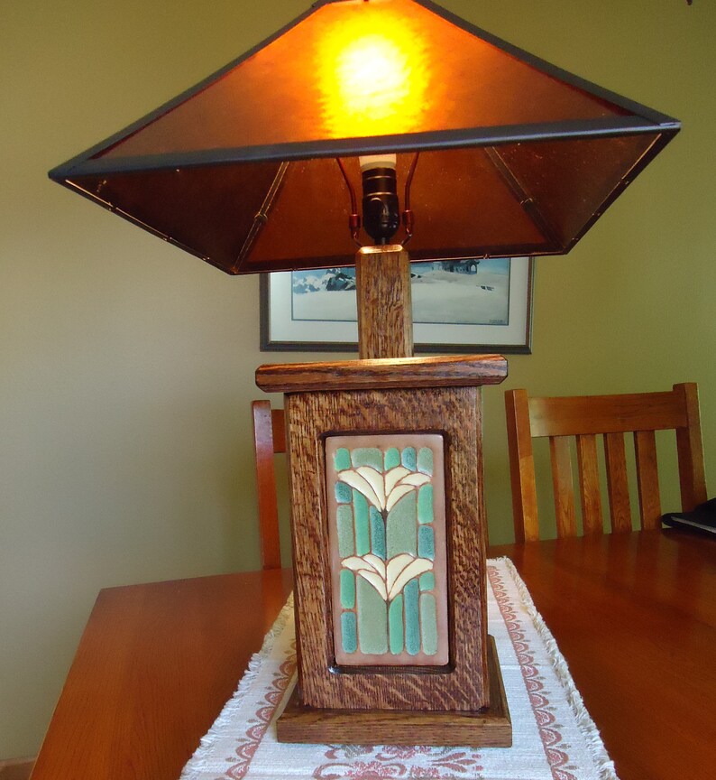 Handmade Mission Style Oak Lamp With Art Tile and Mica Shade Etsy