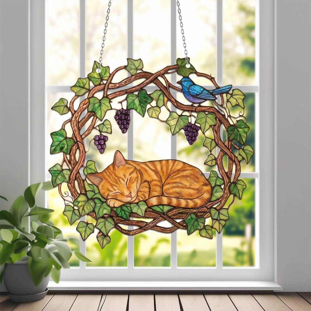 Orange Cat Monstera Suncatcher: Fade Resistant Acrylic Window Hanging ...
