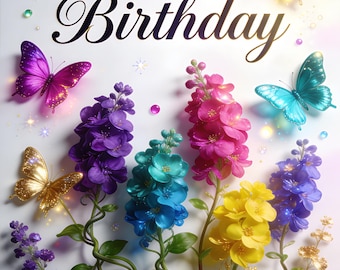 Biglietto d'auguri 3D floreale con fiori multicolori e farfalle vivaci (download digitale)