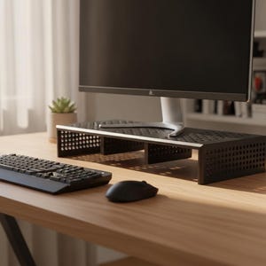 Könnte beinhalten: Ein schwarzer Monitorständer mit perforiertem Metalldesign, einer rechteckigen Ablagefläche und vertikalen Stützpaneelen. Der Ständer steht auf einer Holzoberfläche, trägt einen Computermonitor und hat eine schwarze Tastatur sowie Maus davor.