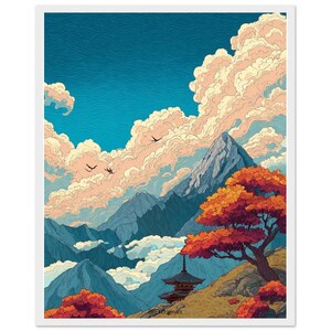 以下が含まれることがあります： 山、雲、塔のある日本の風景を描いた額入りのアートプリント。このアートワークは、青、オレンジ、ピンクの色合いを使った鮮やかなカラーパレットが特徴です。空は深い青色で、雲は柔らかなピンク色です。