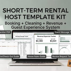 May include: A laptop displays a "SHORT-TERM RENTAL HOST TEMPLATE KIT" with documents and spreadsheets for booking, cleaning, revenue, and guest experience. Includes a cleaning checklist, booking calendar, revenue tracker, and guest message templates. A small suitcase and keys are also present.