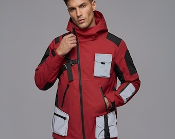 Red Techwear Jacket, Cyberpunk Utility, Tactical Streetwear, Water-Resistant Hoodie
