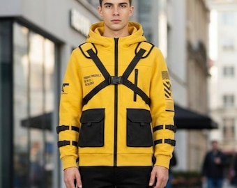 Yellow Black Techwear Jacket, Cyberpunk Tactical Hoodie, Streetwear Harness Coat