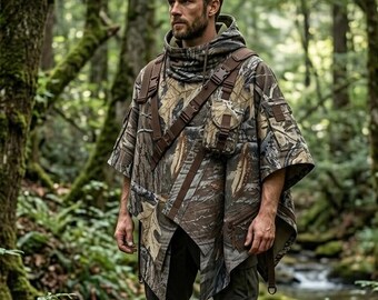 Camo Tactical Poncho Jacket, Cyberpunk Leafy Techwear Cape, Streetwear Hoodie