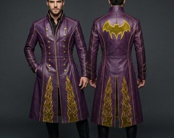 Purple Leather Vampire Coat, Gold Flame Embroidery, Bat Emblem, Victorian Cosplay Jacket
